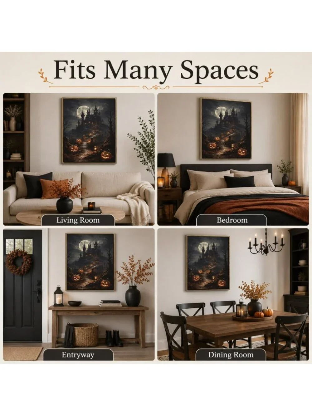 Spooky Halloween Framed Wall Art - Haunted House & Pumpkin Decor Pictures